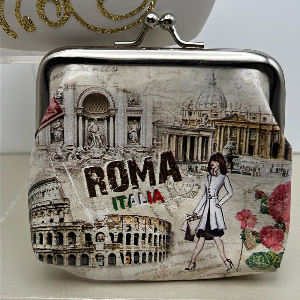 White and Red Coin Purse with Roma Design NWOT